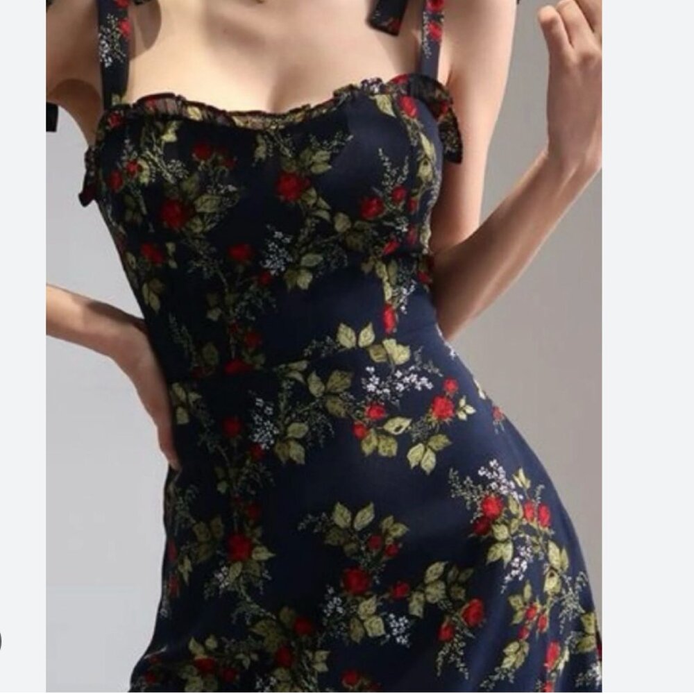 Reformation Nikita Dress Bordeaux Blue Floral Midi Ruffle Tie - Size: 10